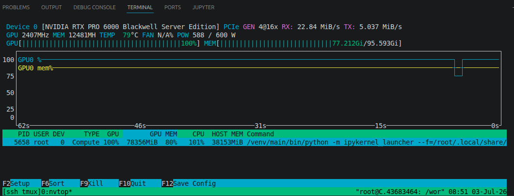 nvtop showing GPU utilization and memory usage during training