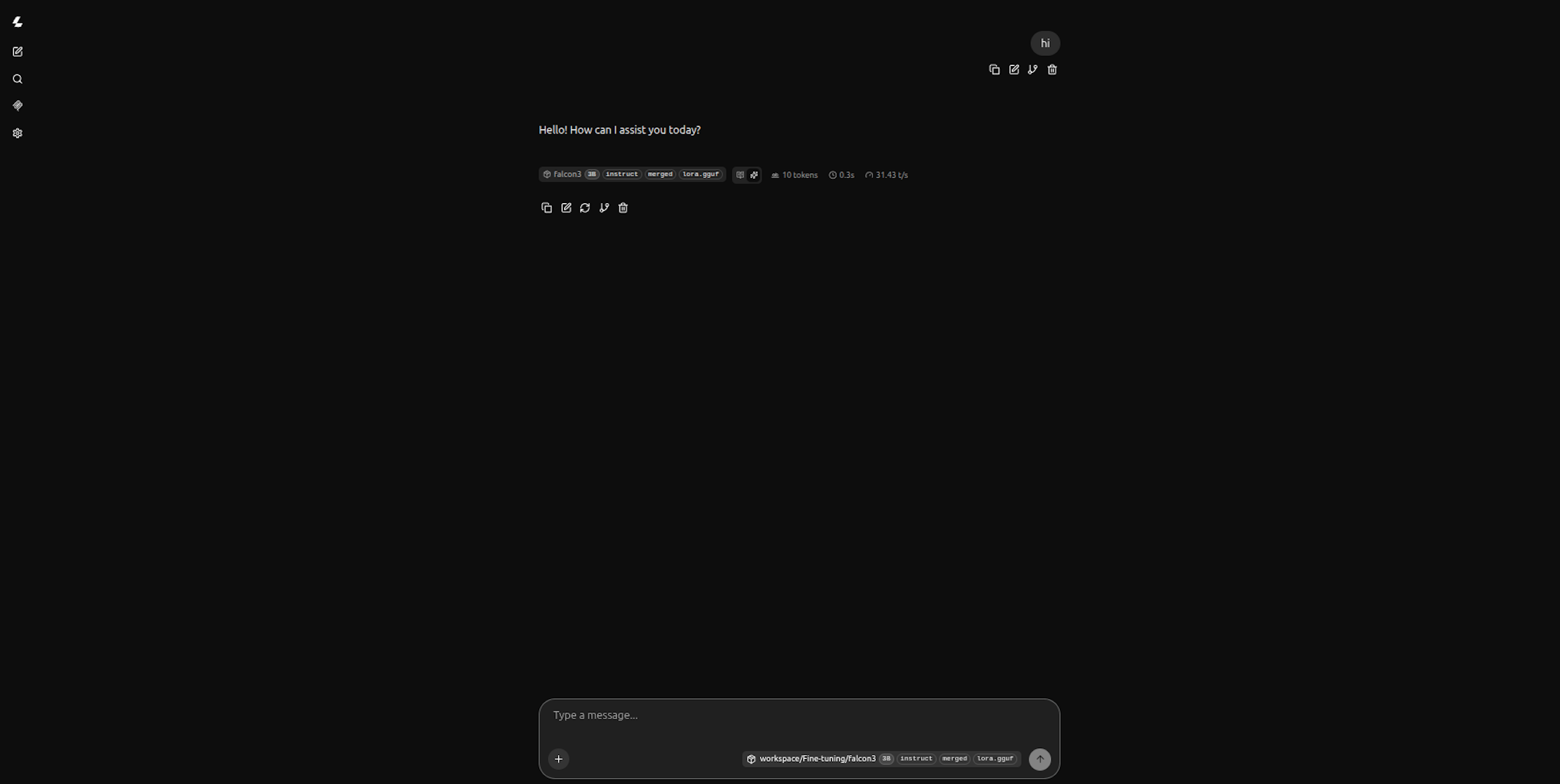 llama-server built-in chat UI showing the fine-tuned Falcon3 model responding