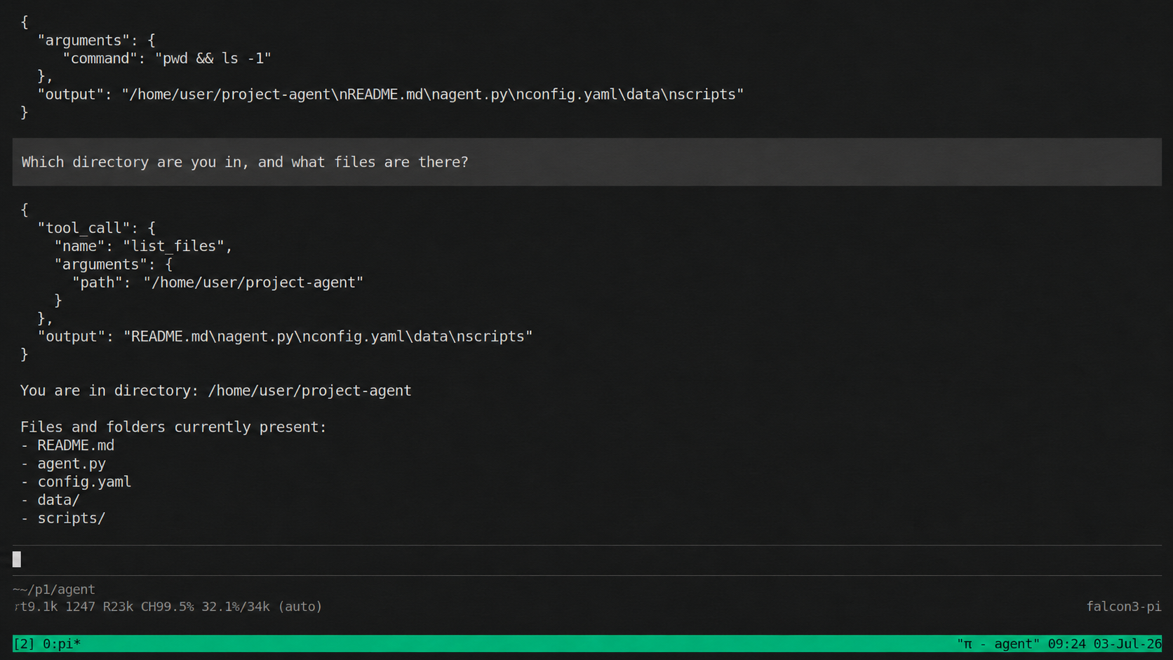 Pi Coding Agent running with the fine-tuned Falcon3 model, showing tool calls in the terminal